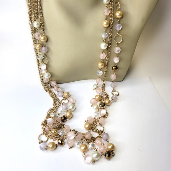 Pink and Gold Bead Multistrand Long Necklace -38" Necklace - Picture 2 of 7